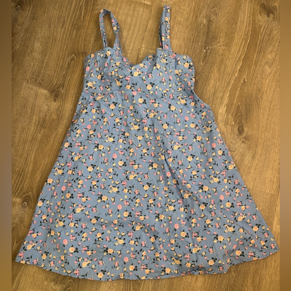 Blue Floral Sundress with Pink and Cream Blooms